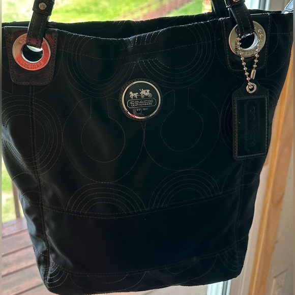 Coach black sateen cloth tote , patent leather trim. - Picture 12 of 12